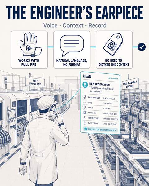 Process engineer dictating an incident through an earpiece in an ESD area