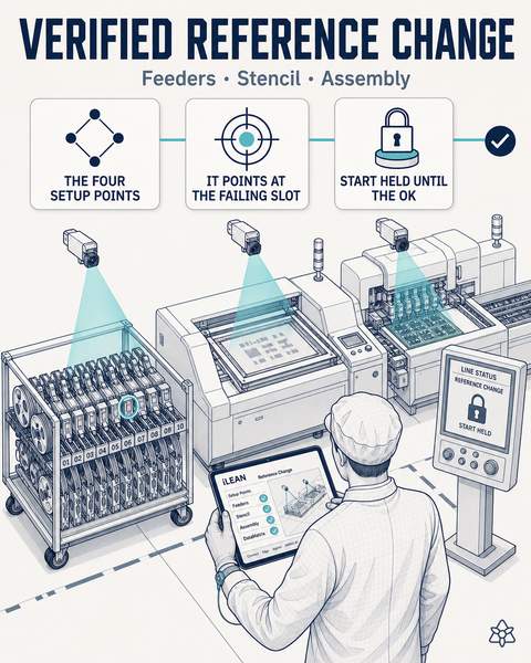 Edge cameras verifying feeder bank, stencil and program before SMT startup