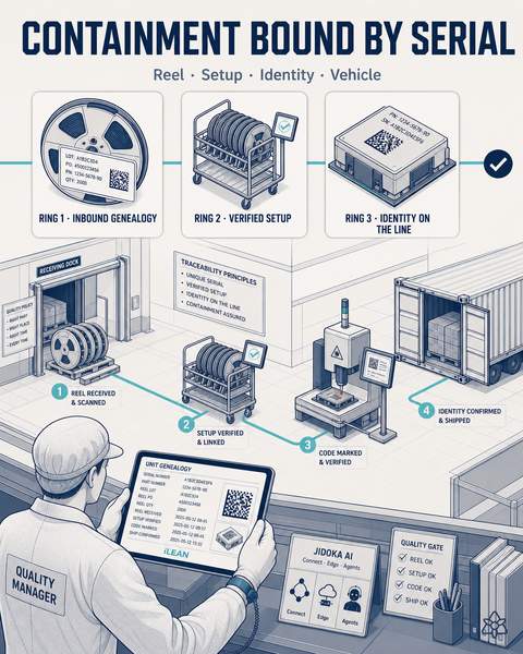 Four coordinated verification rings from reel to vehicle for bounded containment