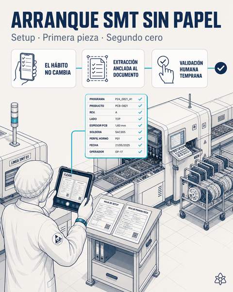 Técnico fotografiando la hoja de setup y la primera pieza al arrancar una referencia SMT