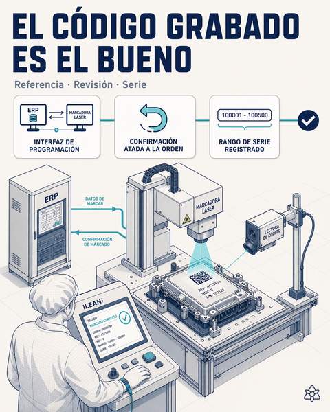 Marcadora láser grabando el código con la revisión publicada por el ERP