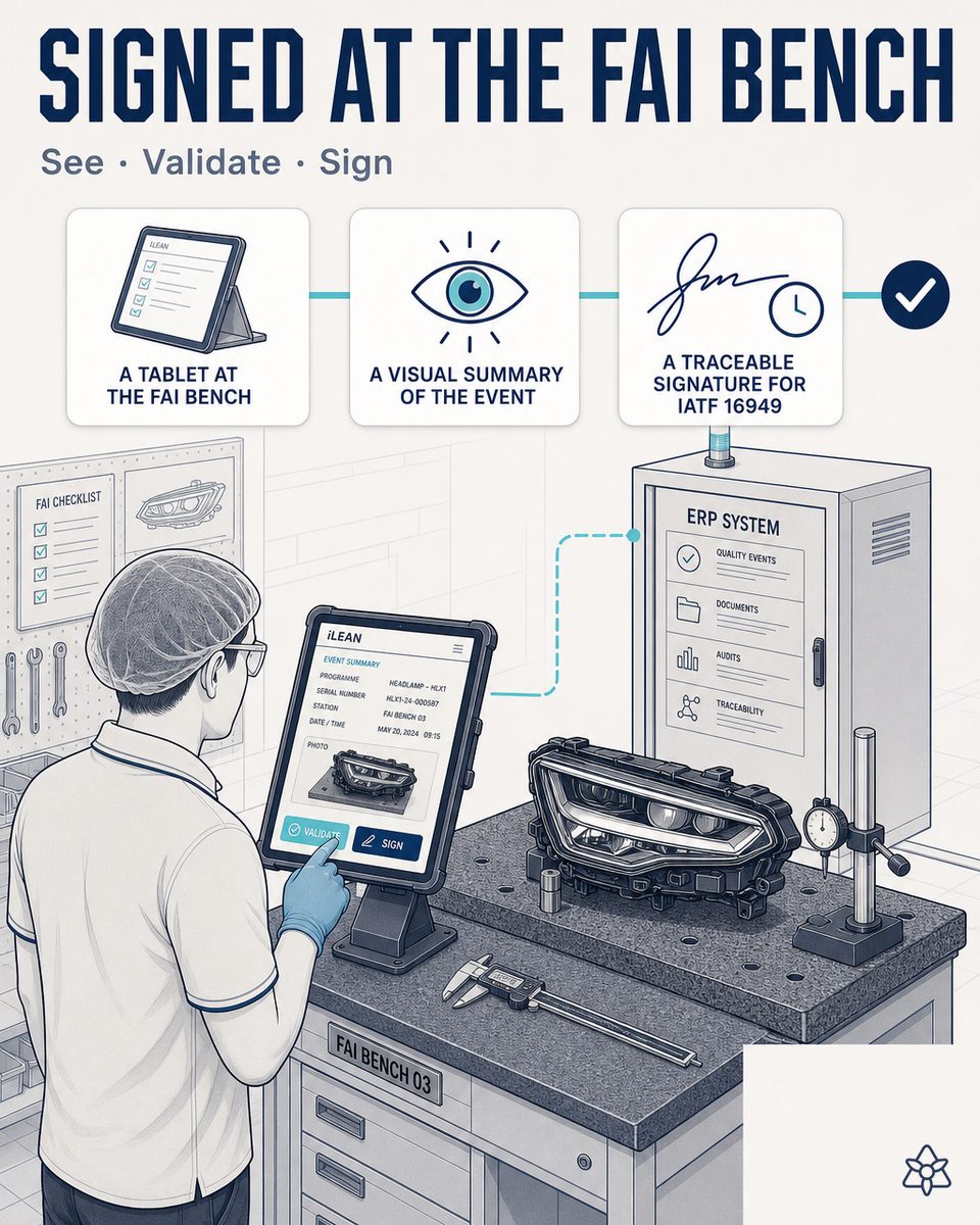 Quality technician at a Tier 1 premium LED headlight plant validating in two taps, on the industrial tablet at the FAI bench, the visual summary captured by iLEAN Connect before the data enters the QM ERP