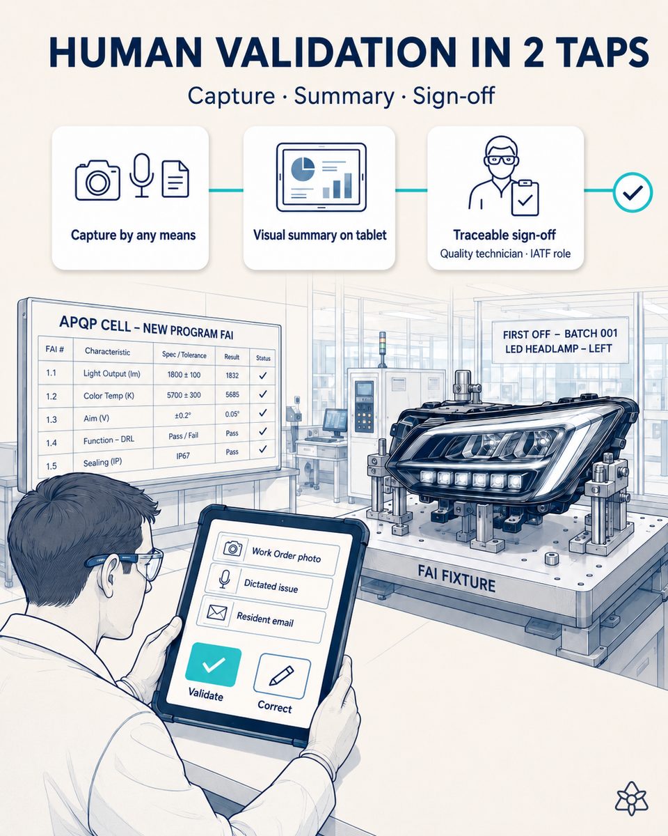 Quality technician at a Tier 1 premium LED headlight plant validating in two taps, on the industrial tablet at the FAI bench, the visual summary captured by iLEAN Connect before the data enters the QM ERP