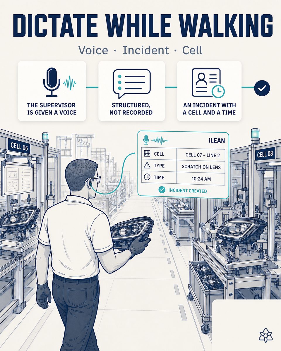 Final assembly supervisor of a Tier 1 premium LED headlight plant walking between cells with an earpiece, dictating an observation that iLEAN Connect structures as a nonconformity candidate linked to the active program and cell