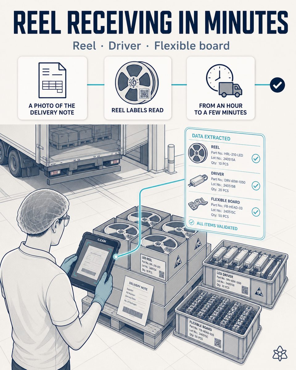 Receiving supervisor of a Tier 1 LED headlight plant photographing the A3 delivery note and a reel's DataMatrix label with the industrial tablet at the dock — Connect pushes part number, binning and MSL to the ERP after a one-tap validation
