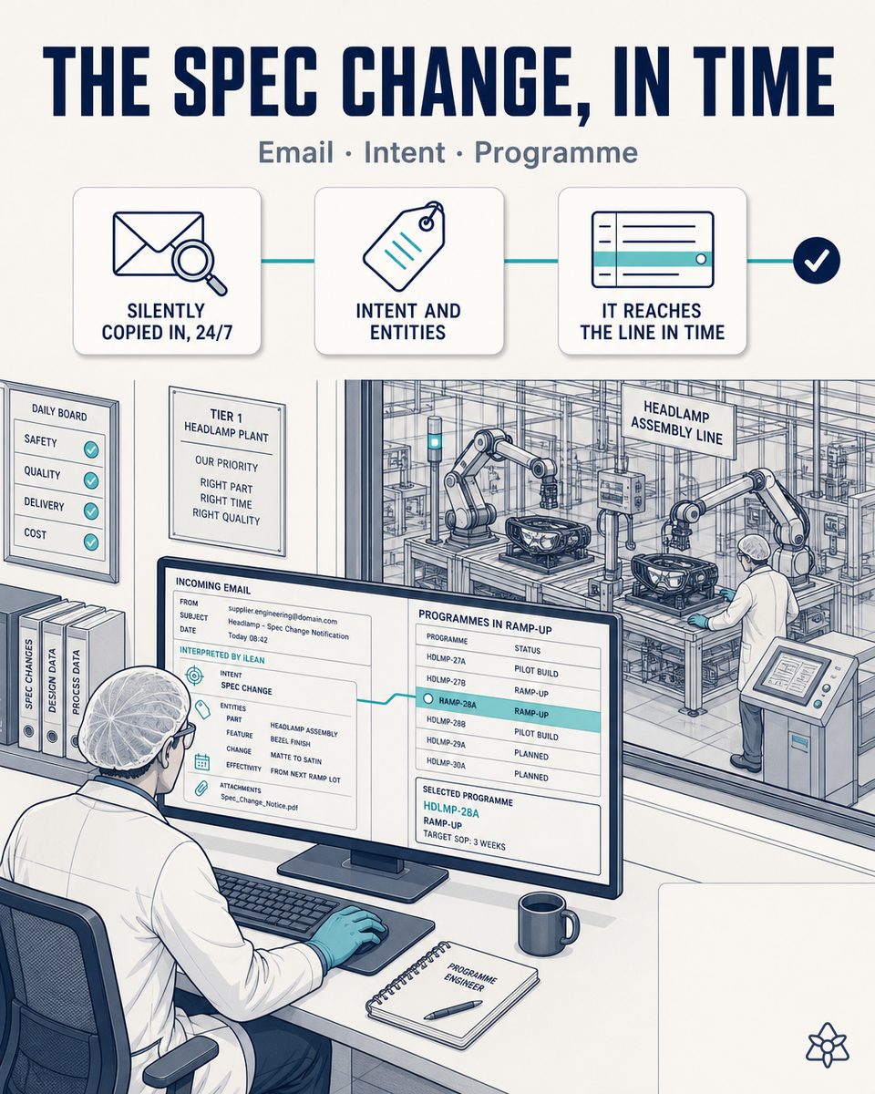 Quality Development Manager of a Tier 1 premium LED headlight plant reviewing on the phone an email from the customer resident engineer about a photometric spec change, with the active ERP production orders in the background — Connect detects the message at zero-second latency