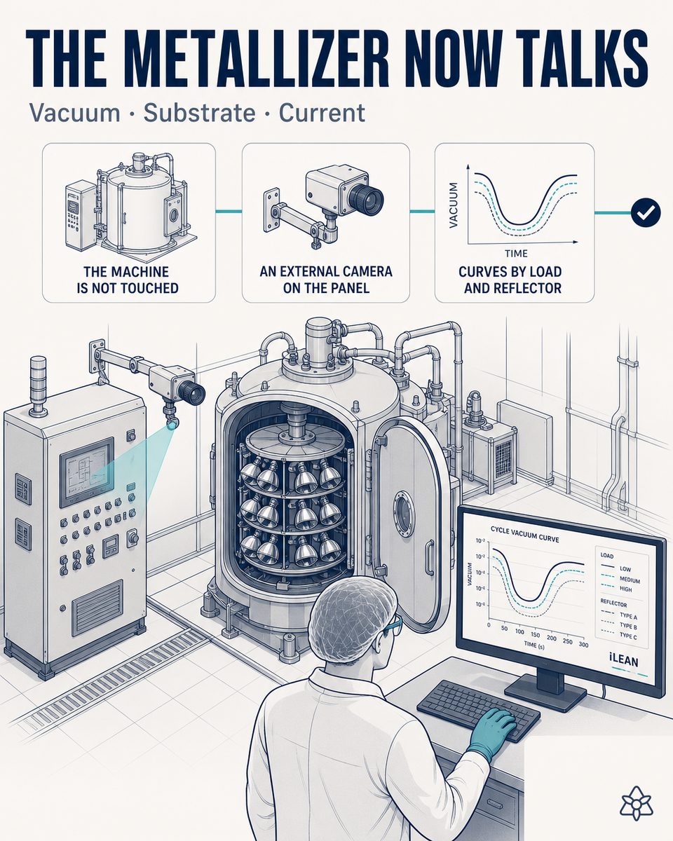 External industrial camera pointing at the vintage panel of the reflector's vacuum metallizer in a Tier 1 premium LED headlight plant — iLEAN Connect reads vacuum curve, substrate temperature and cathode current without touching the original SCADA