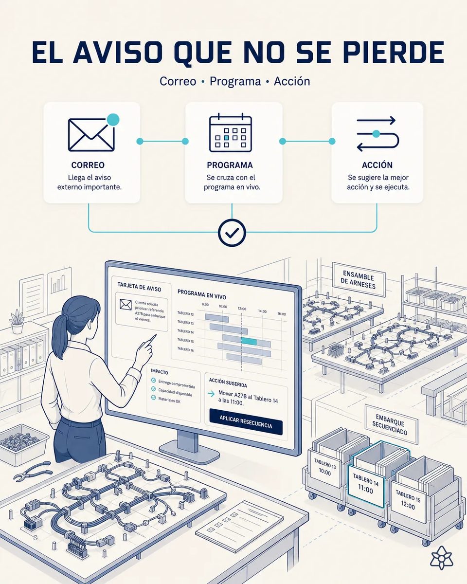 Planificador de una planta de arneses revisando en una tableta un aviso de cambio de programa del cliente ya estructurado, con el tablero de secuenciado al fondo