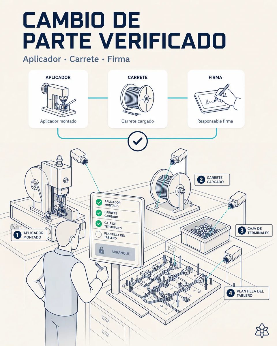 Cámaras verificando el aplicador montado y la etiqueta del carrete cargado durante un cambio de número de parte, con el responsable firmando el arranque en una tableta