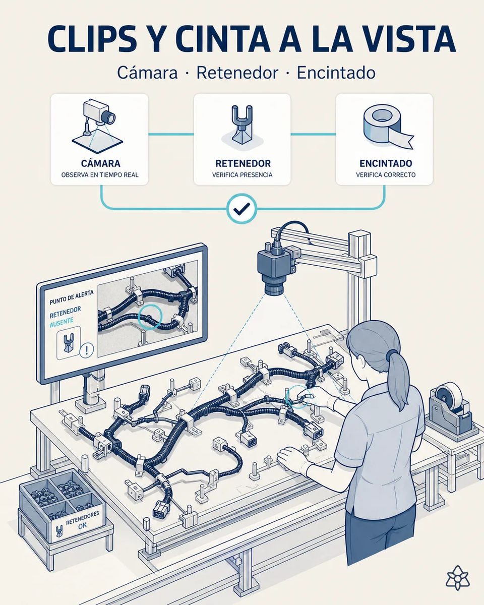 Cámara industrial sobre la estación final de un tablero de arneses inspeccionando clips y encintado, con el operario revisando el punto marcado en pantalla