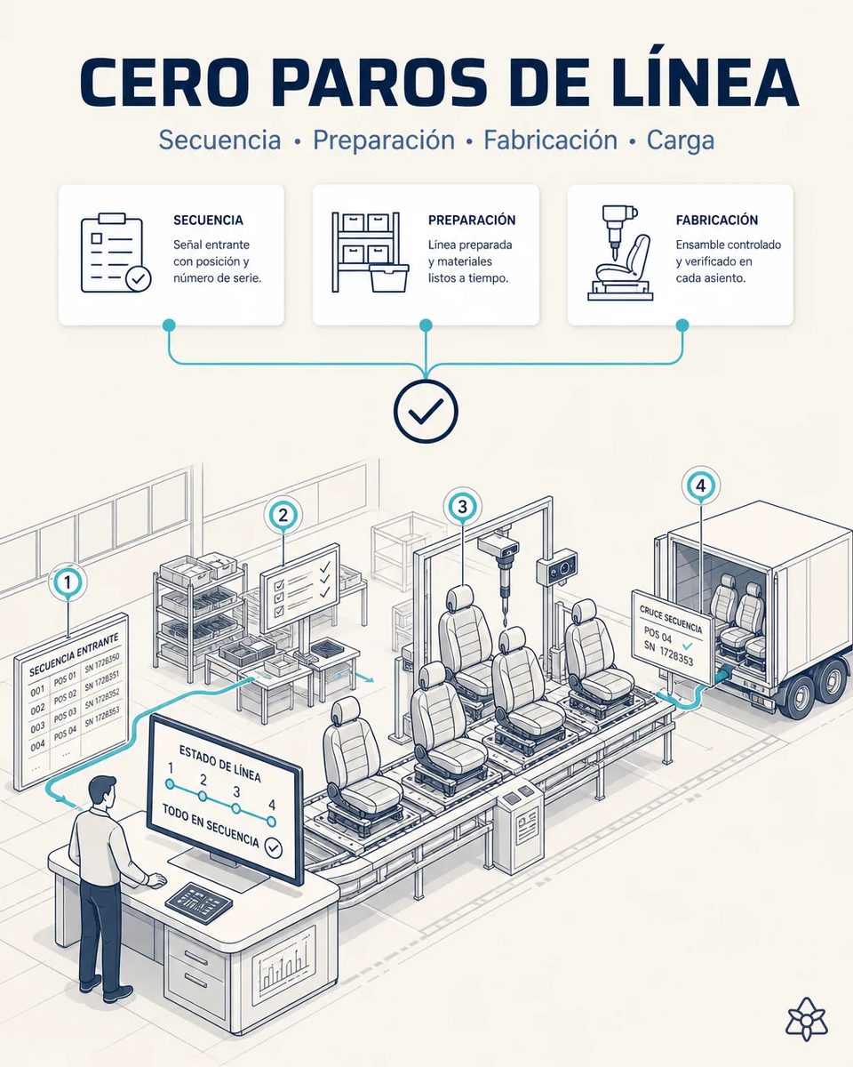 Vista de una planta de asientos en secuencia con los cuatro anillos numerados: pantalla de secuencia entrante, estanterías de preparación, línea de montaje con cámara y atornillador, y camión con el cruce de posición y número de serie