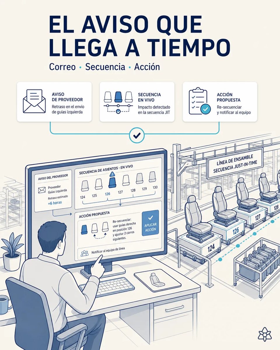 Planificador ante una pantalla con la secuencia de asientos en vivo, el aviso de retraso de un proveedor y la acción de resecuenciación propuesta, con carros de secuencia numerados en la línea