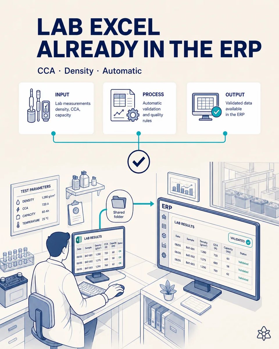 Lab technician entering acid density, CCA and capacity results for battery samples into a spreadsheet, with a shared folder feeding the same validated results into the ERP screen beside him