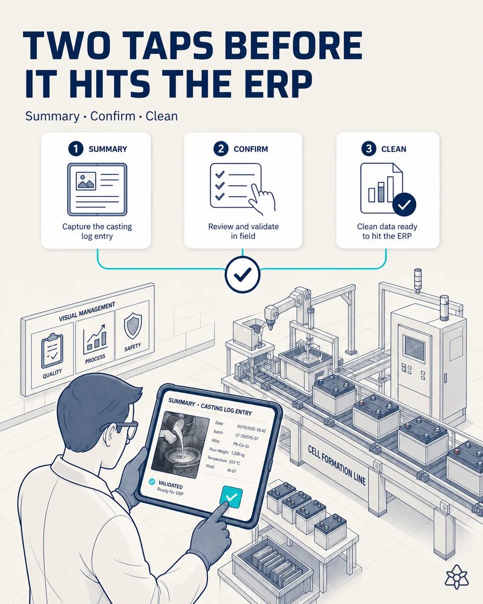 Supervisor in safety glasses confirming a casting log entry with alloy, batch and pour weight on an industrial tablet next to the cell formation line, before the data is sent to the ERP