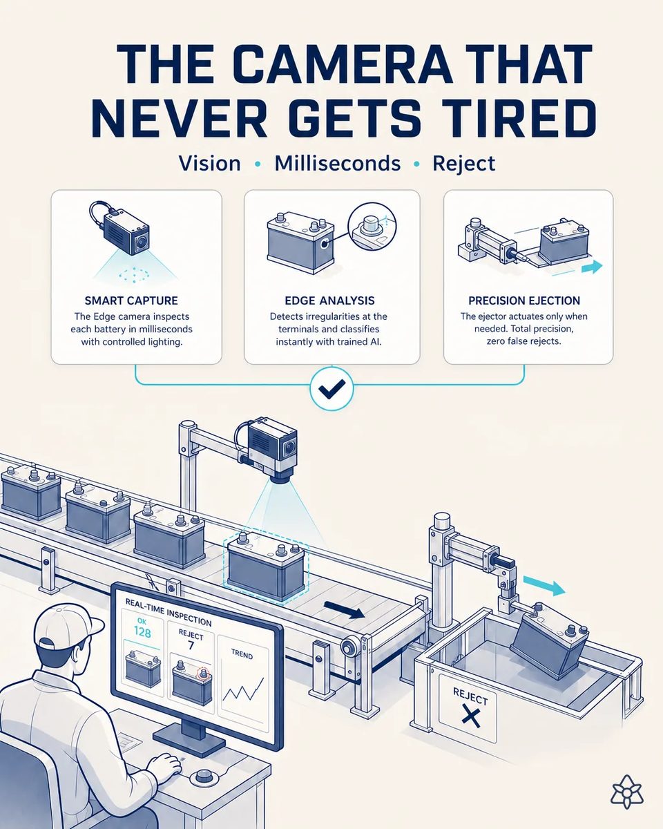 Edge camera over a conveyor of starter batteries inspecting the terminals, with a real-time inspection screen counting OK and reject units and a pneumatic ejector diverting a battery to the reject bin