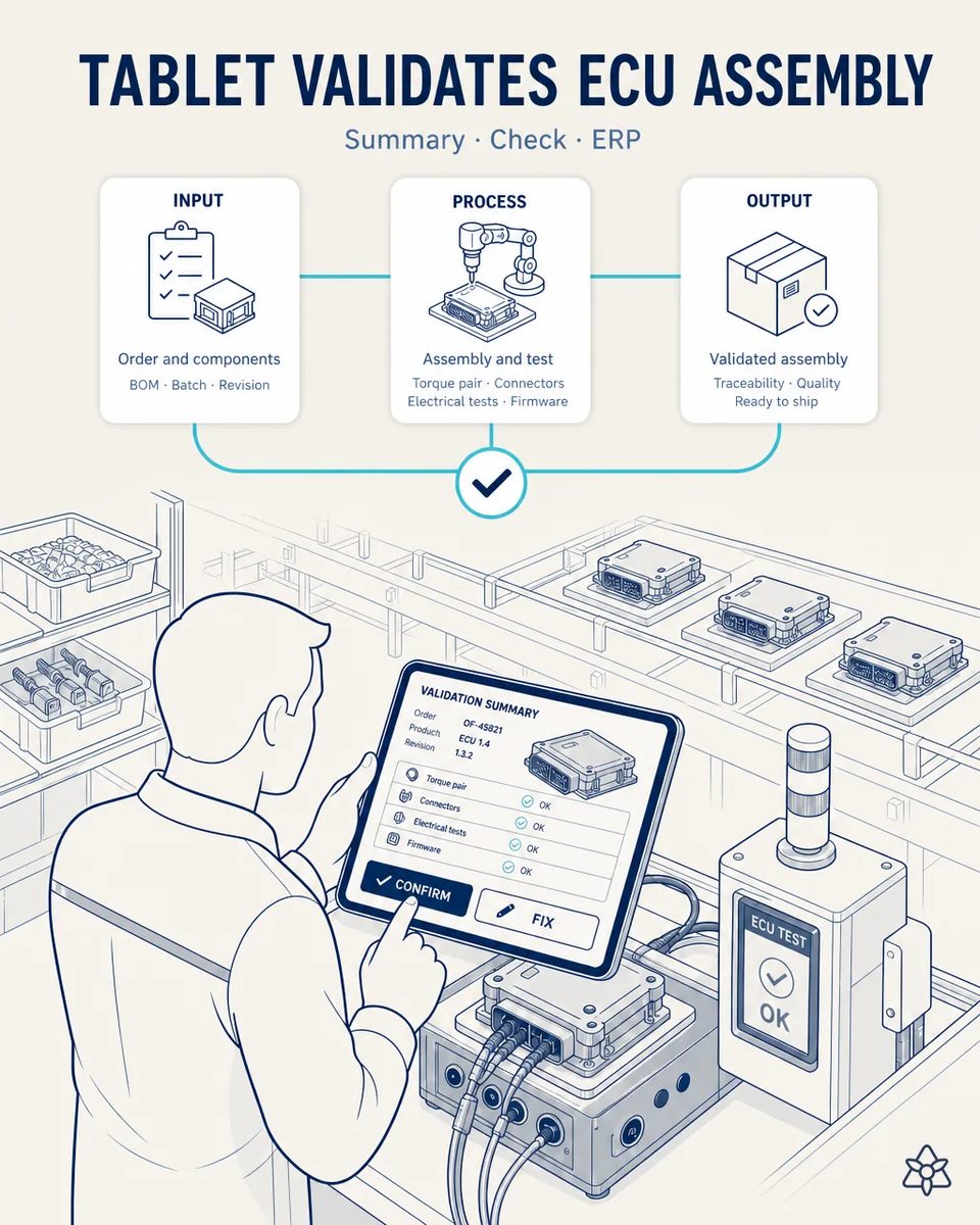 Supervisor at the final ECU assembly station tapping Confirm on a tablet validation summary listing torque, connectors, electrical tests and firmware, next to an ECU test tower showing OK