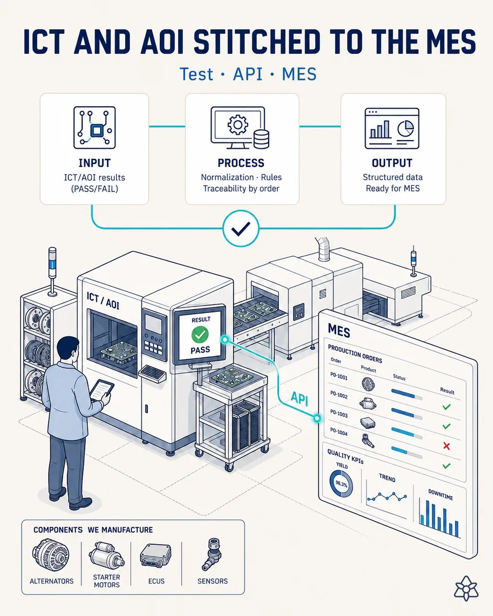 Technician beside an ICT/AOI test station showing a PASS result, linked by an API line to an MES screen with production orders for alternators, starter motors, ECUs and sensors