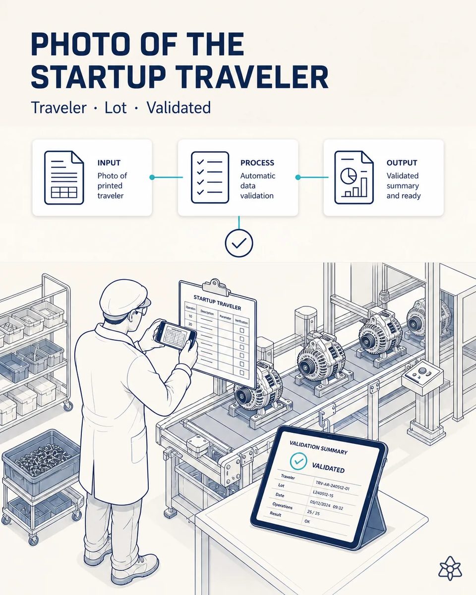 Operator in a lab coat photographing a clipboard startup traveler with a phone beside an alternator assembly conveyor, with a tablet in the foreground showing the validated lot summary