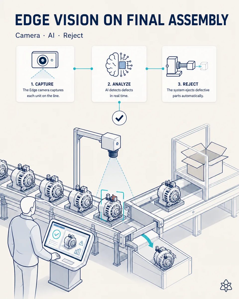 Edge camera on a gantry over an alternator final assembly conveyor, highlighting one unit with a defective terminal that is diverted into a reject bin while an operator reviews the result on a screen