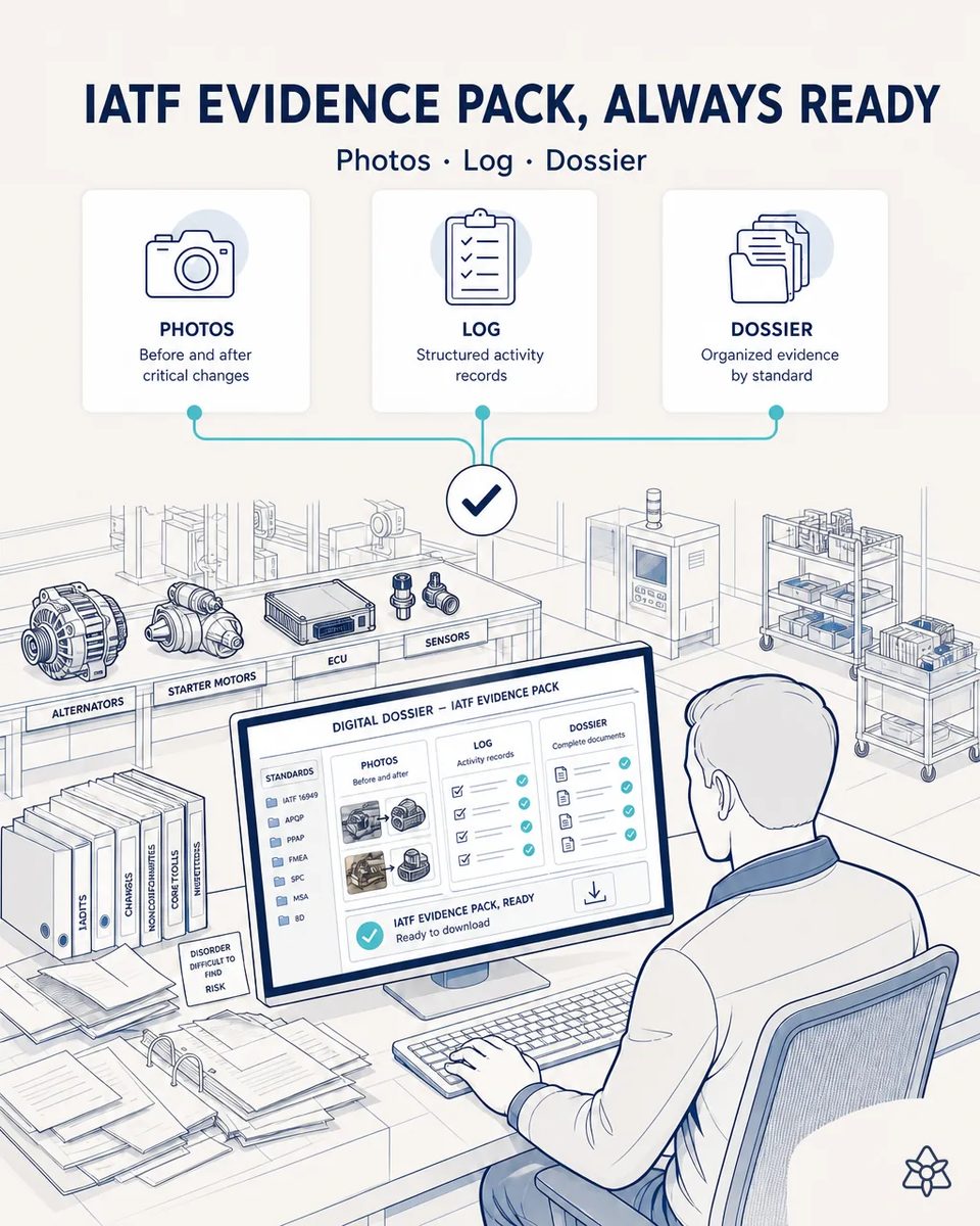 Quality engineer at a desk reviewing a digital IATF evidence pack with before-and-after photos, activity log and a dossier ready to download, beside binders, loose papers and alternator, starter motor, ECU and sensor samples