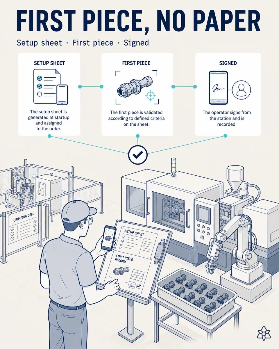 Operator photographing the start-up sheet and first-piece record with a phone at a fluid line assembly cell, with the crimping press behind