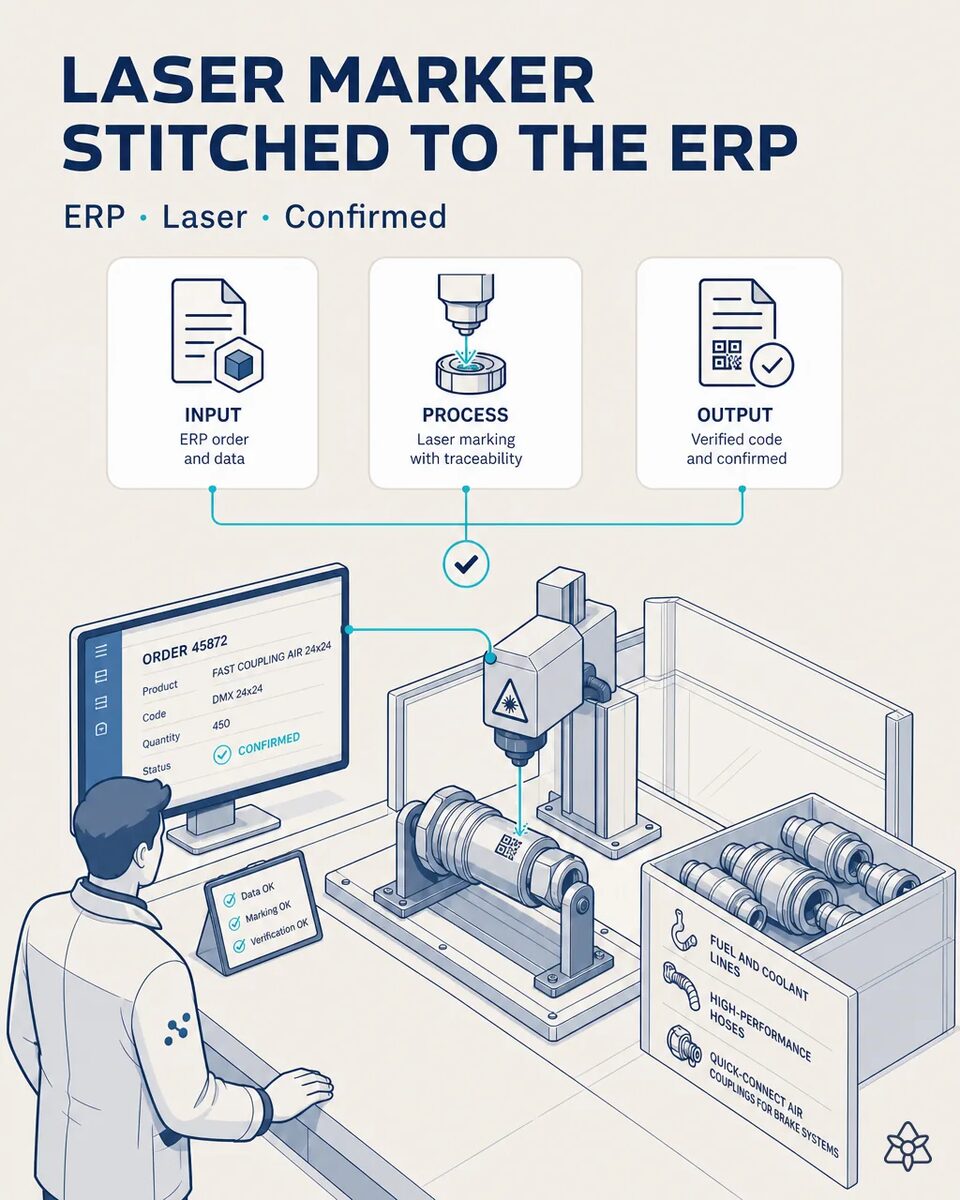 Laser marker engraving the DataMatrix traceability code on a fluid line coupling, with the machine panel and the ERP screen alongside