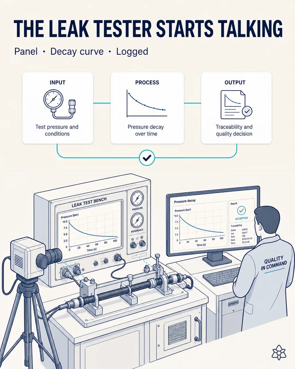 Fixed industrial camera pointed at the panel of a leak test bench, showing the pressure decay curve of a fuel line