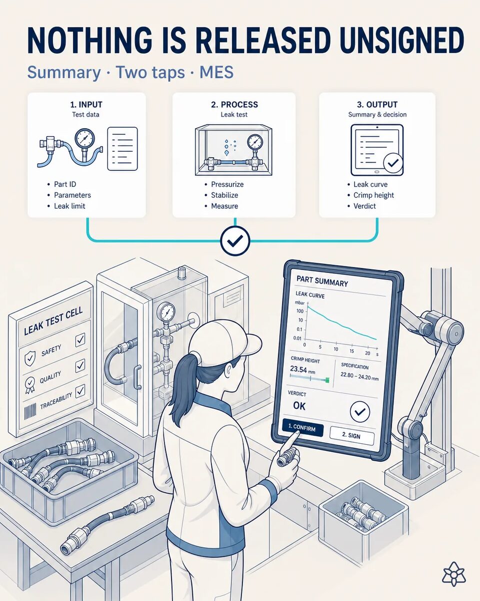 Operator validating on a line-side industrial tablet the leak test result and crimping parameters before releasing the batch