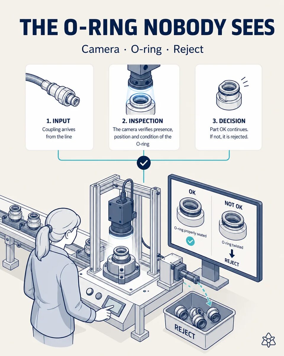 Machine vision camera inspecting the o-ring seating in the groove of a quick coupling at the assembly station