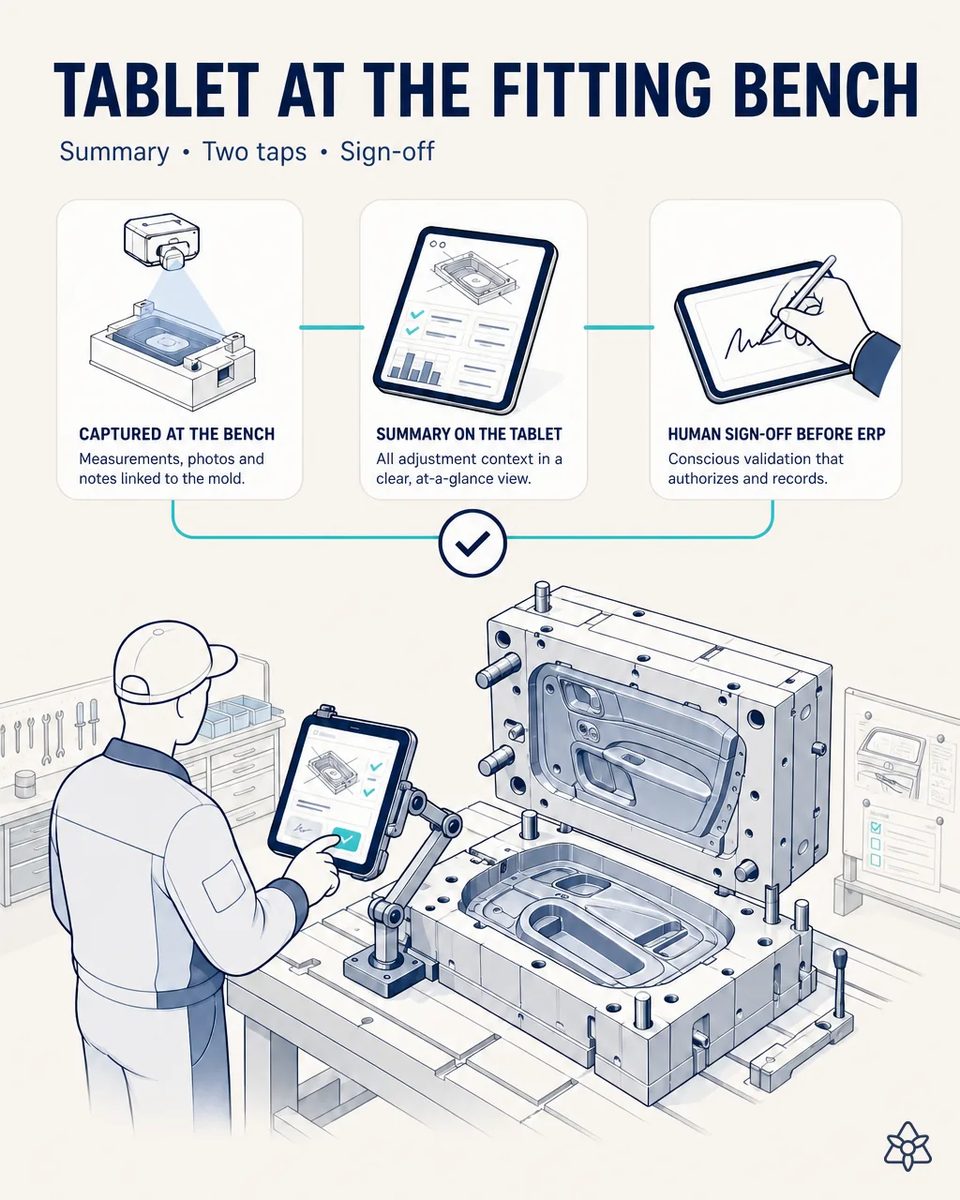 Toolmaker at a fitting bench confirming a capture summary on an arm-mounted industrial tablet, beside the open cavity and core halves of a door panel mold