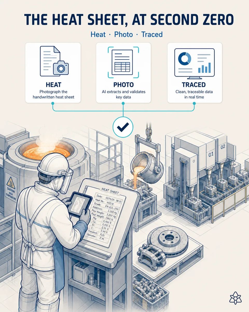 Melter in a face shield photographing a handwritten heat sheet with a tablet beside an induction furnace, a ladle pouring into molds and a brake disc and caliper on the bench