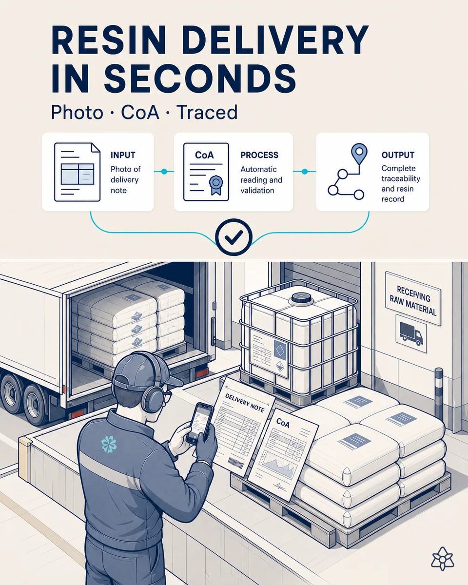 Receiving operator photographing the delivery note and the certificate of analysis on a pallet of resin bags with the truck still at the dock
