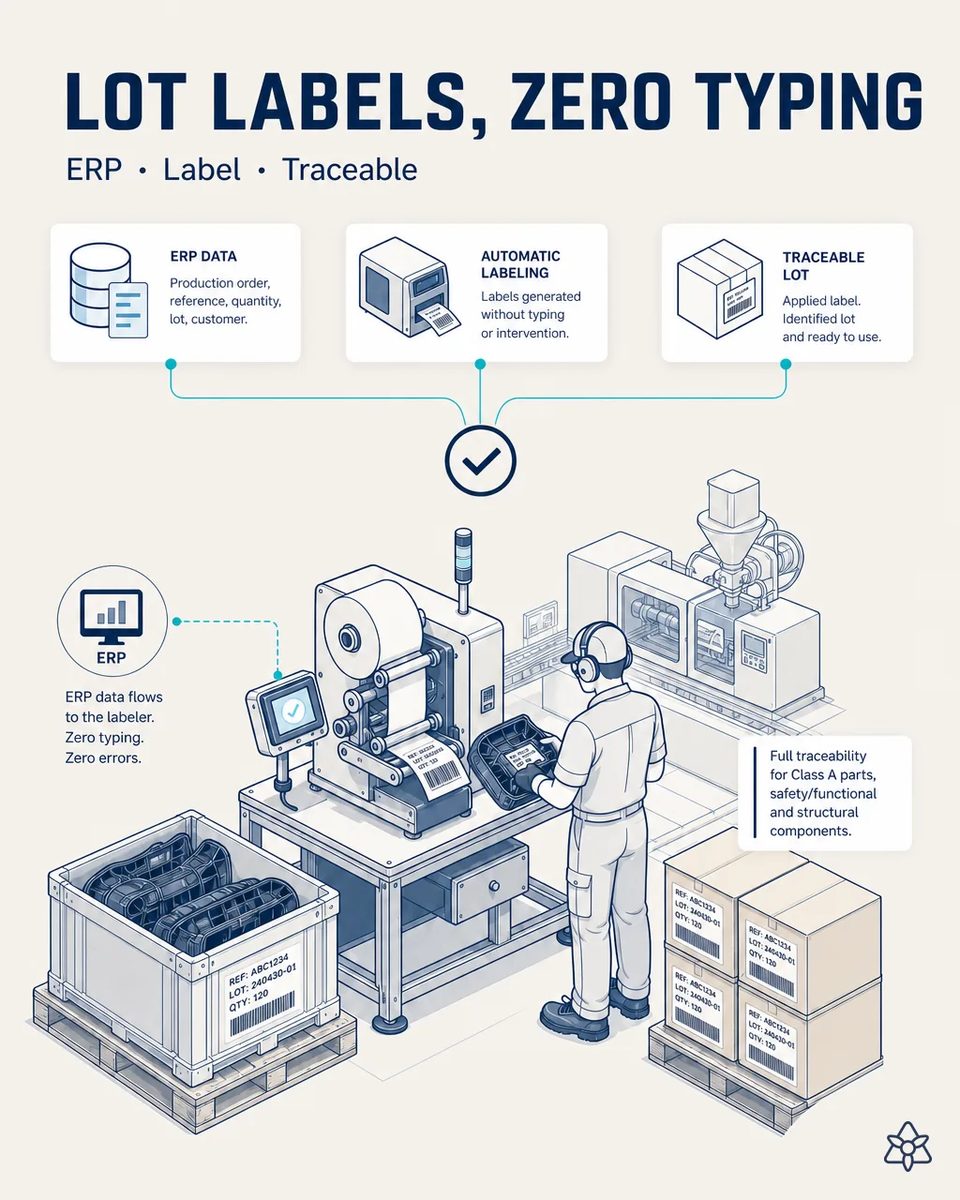 Labeler printing traceability labels next to an injection press, with the operator applying one to a molded part and the finished boxes already labeled on the pallet