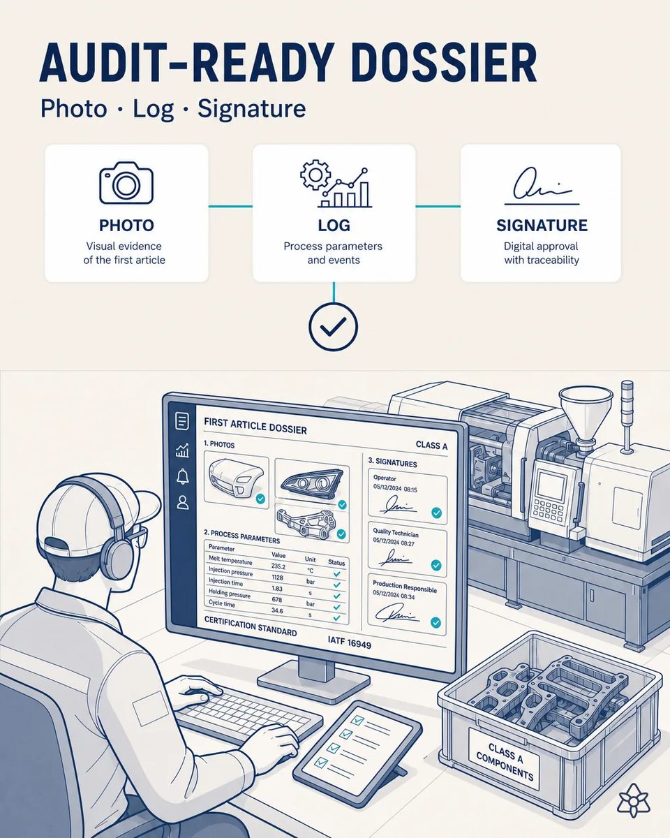 Quality technician reviewing on screen a first-article dossier with part photos, a table of process parameters and three digital signatures, indexed against IATF 16949, with a tote of molded parts beside the press