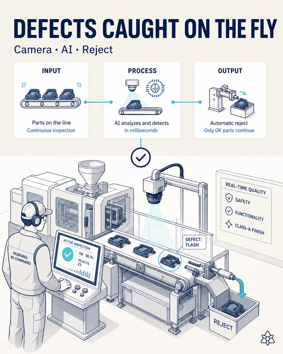 Edge camera over the conveyor at the exit of an injection press detecting flash on a part while the reject gate diverts it into a bin