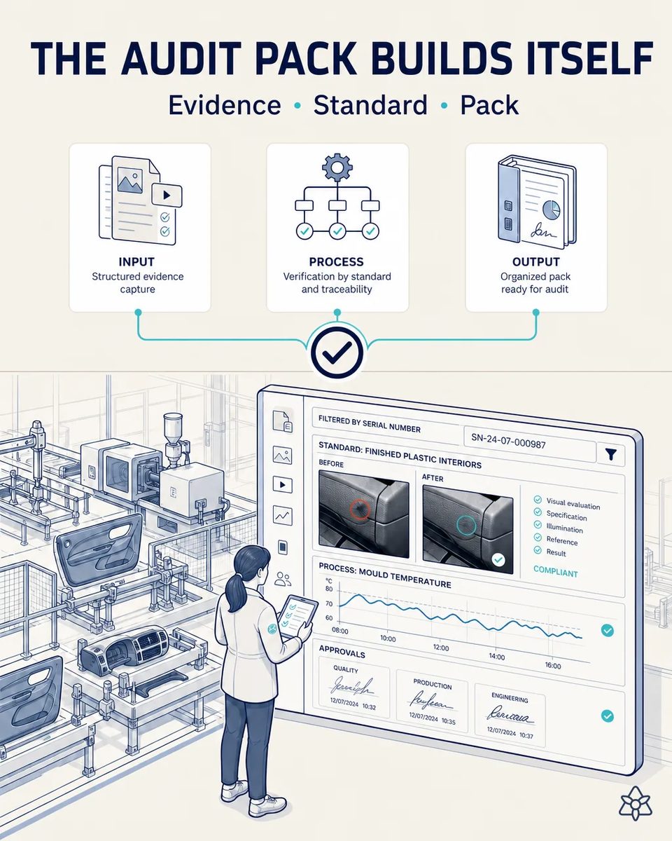 Quality manager holding a tablet in front of a large screen showing an evidence pack filtered by serial number, with before and after photos of a trim part, a mold temperature curve and three signed approvals