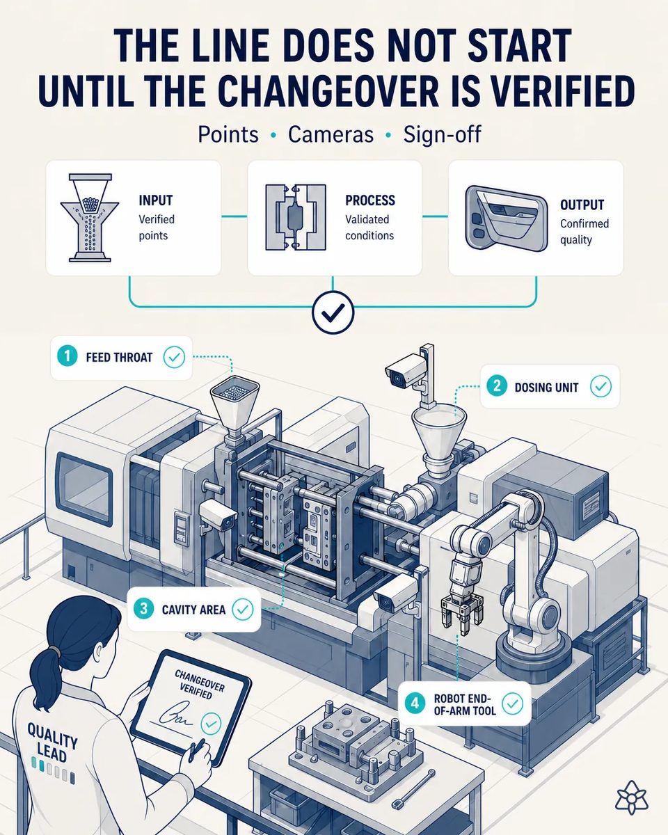 Injection press with the mold open and cameras on the feed throat, dosing unit, cavity area and robot end-of-arm tool, each marked verified, while the quality lead signs the changeover on a tablet