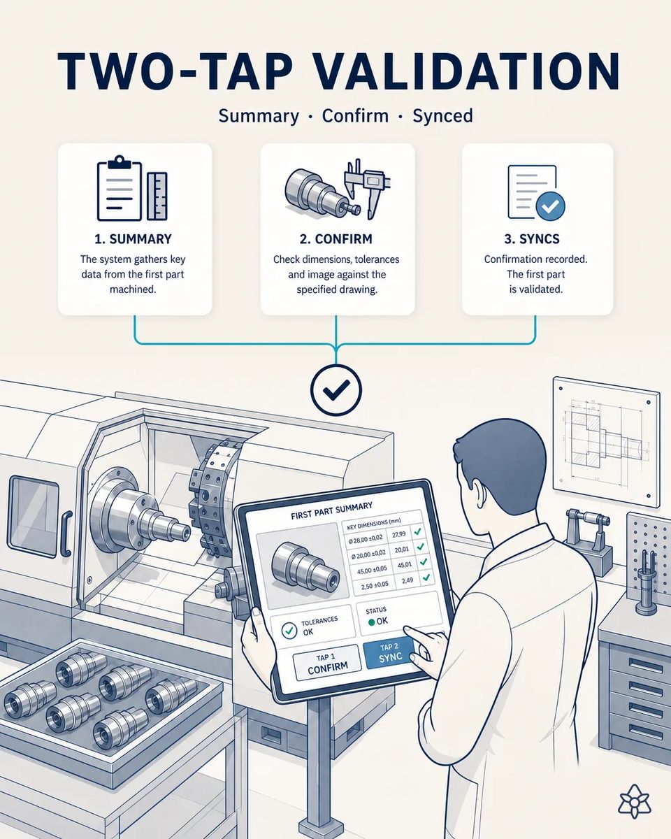 Operator at a turning center confirming the first part summary on a stand-mounted tablet, with key dimensions, tolerances OK and Confirm and Sync buttons, next to a tray of turned parts