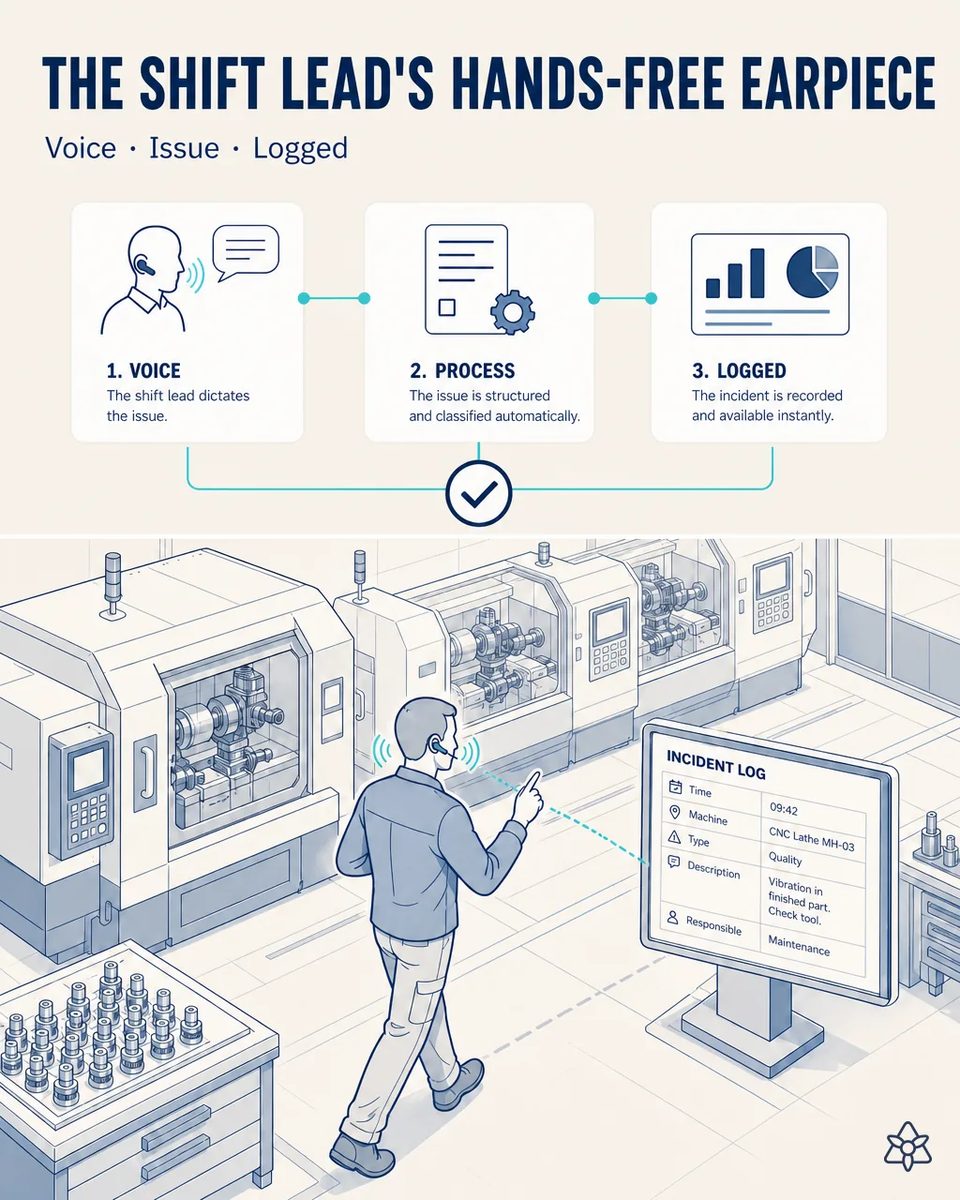 Shift lead with a wireless earpiece walking past a row of CNC lathes and dictating, while a screen shows the structured incident log with machine, type and description