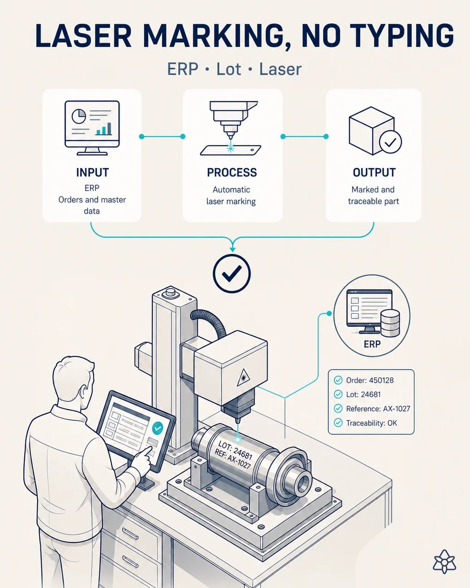 Operator at a touchscreen next to a laser marking station engraving lot and reference on a turned cylindrical part, with a panel showing order, lot and traceability checked against the ERP