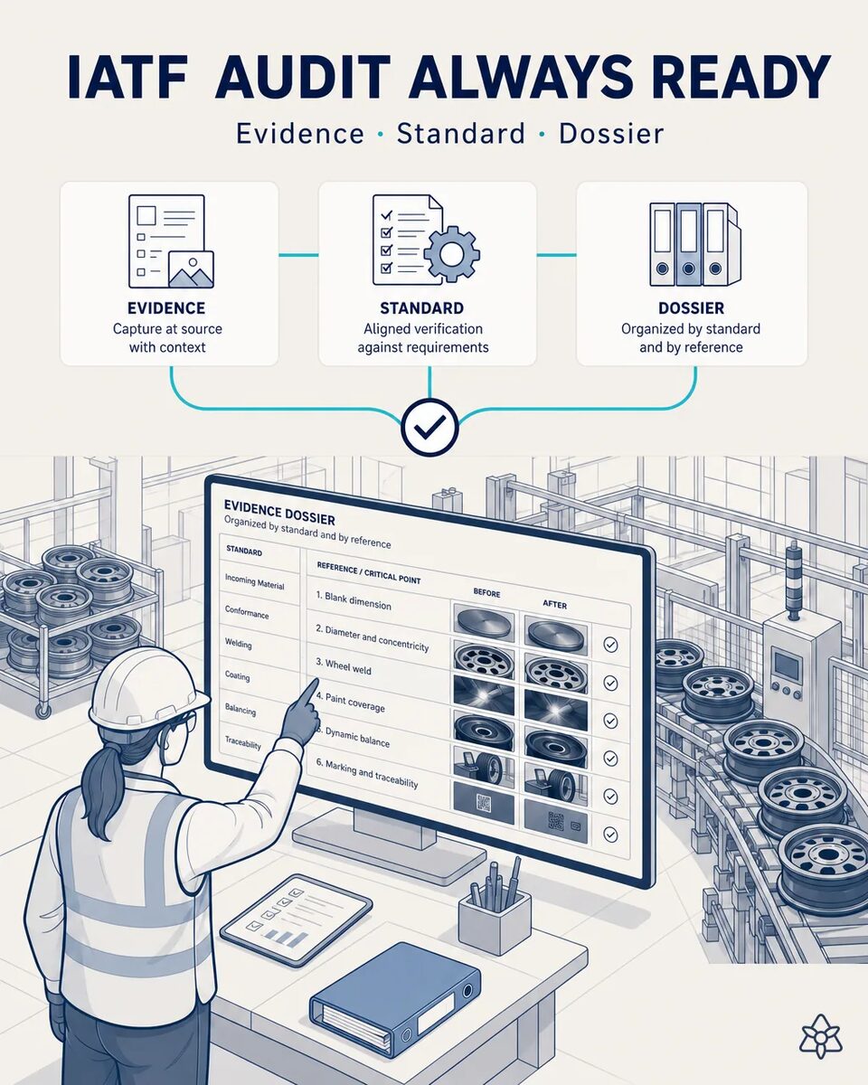 Quality manager at a wheel plant reviewing a period evidence dossier on screen, with first-piece records, control plans and calibrations indexed by part number
