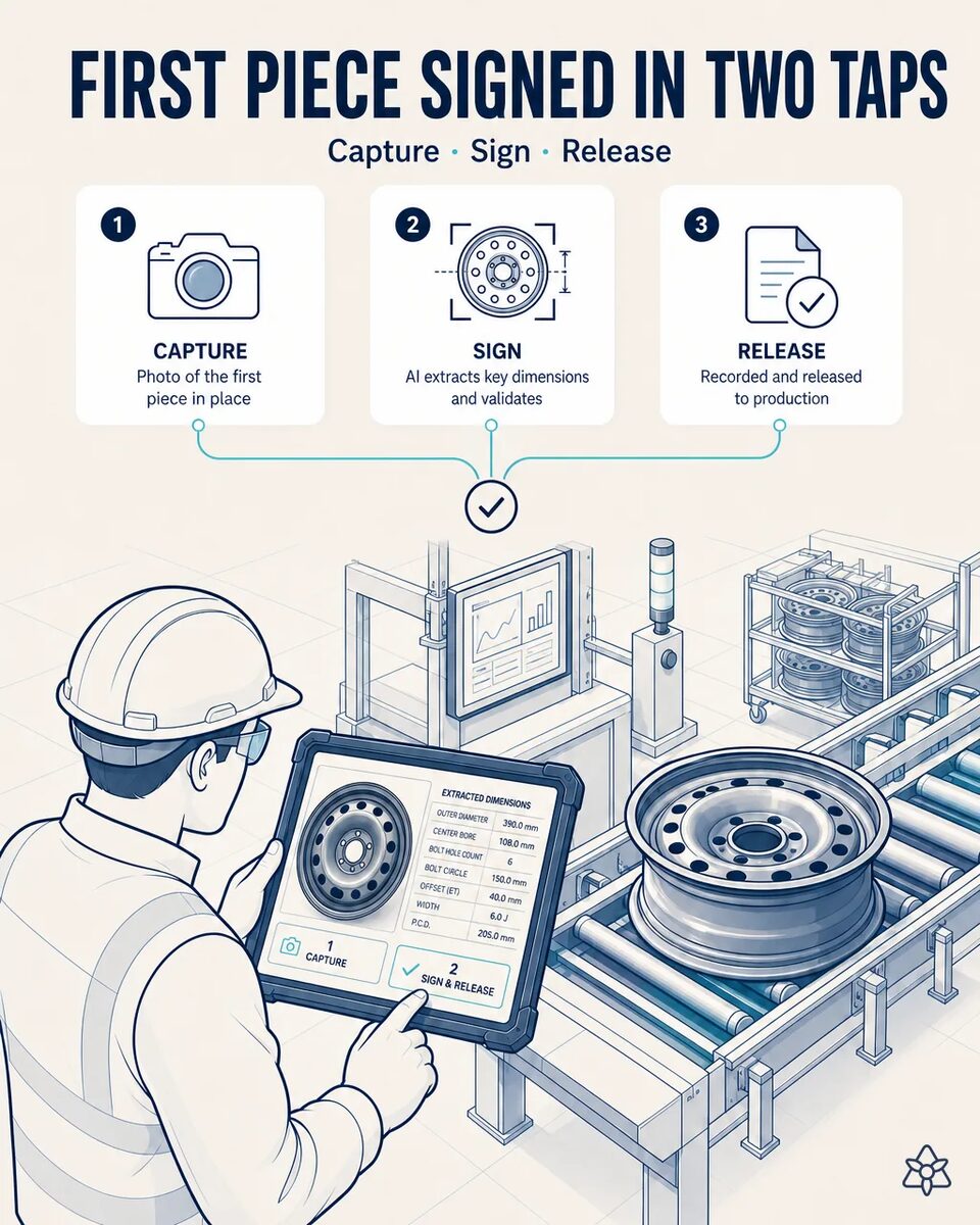 Quality supervisor validating on an industrial tablet at the press the dimension summary and first-piece photo of a wheel disc, with deviations highlighted on screen