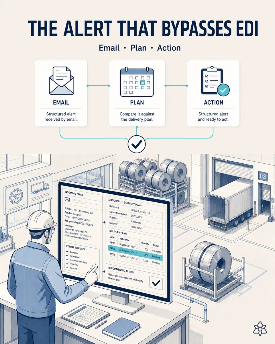 Planner at a wheel plant reviewing the sequenced schedule on screen alongside a coil delay notice received by email, with the press bay behind