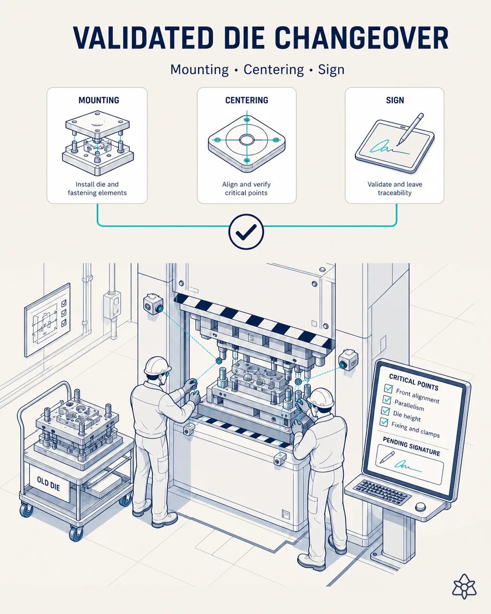 Edge cameras verifying the mounting and centering of a freshly installed die set on a wheel disc stamping press, with a clean die face and the tooling code visible