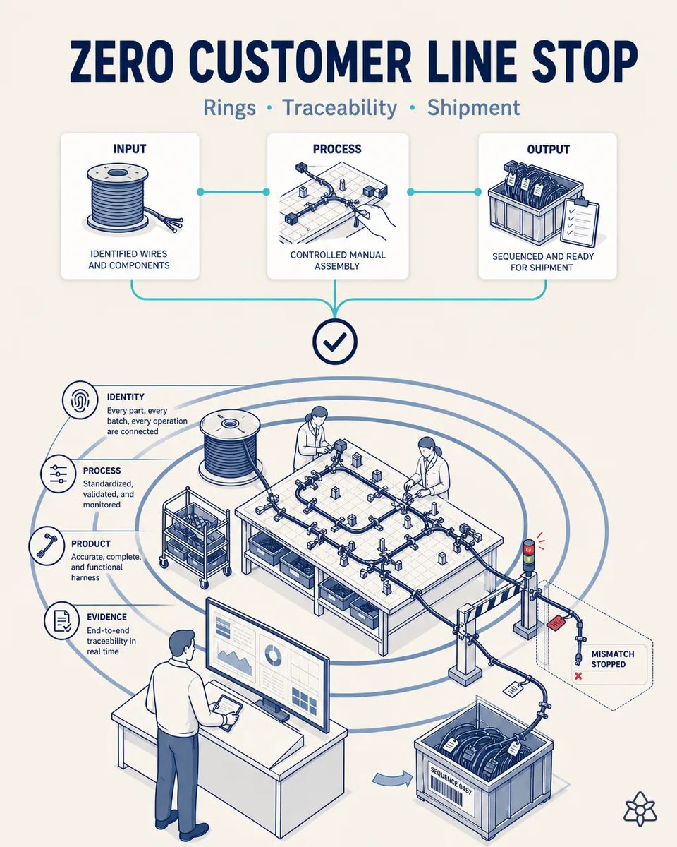 Automotive wire harness plant with crimping presses, assembly boards and an electrical test bench
