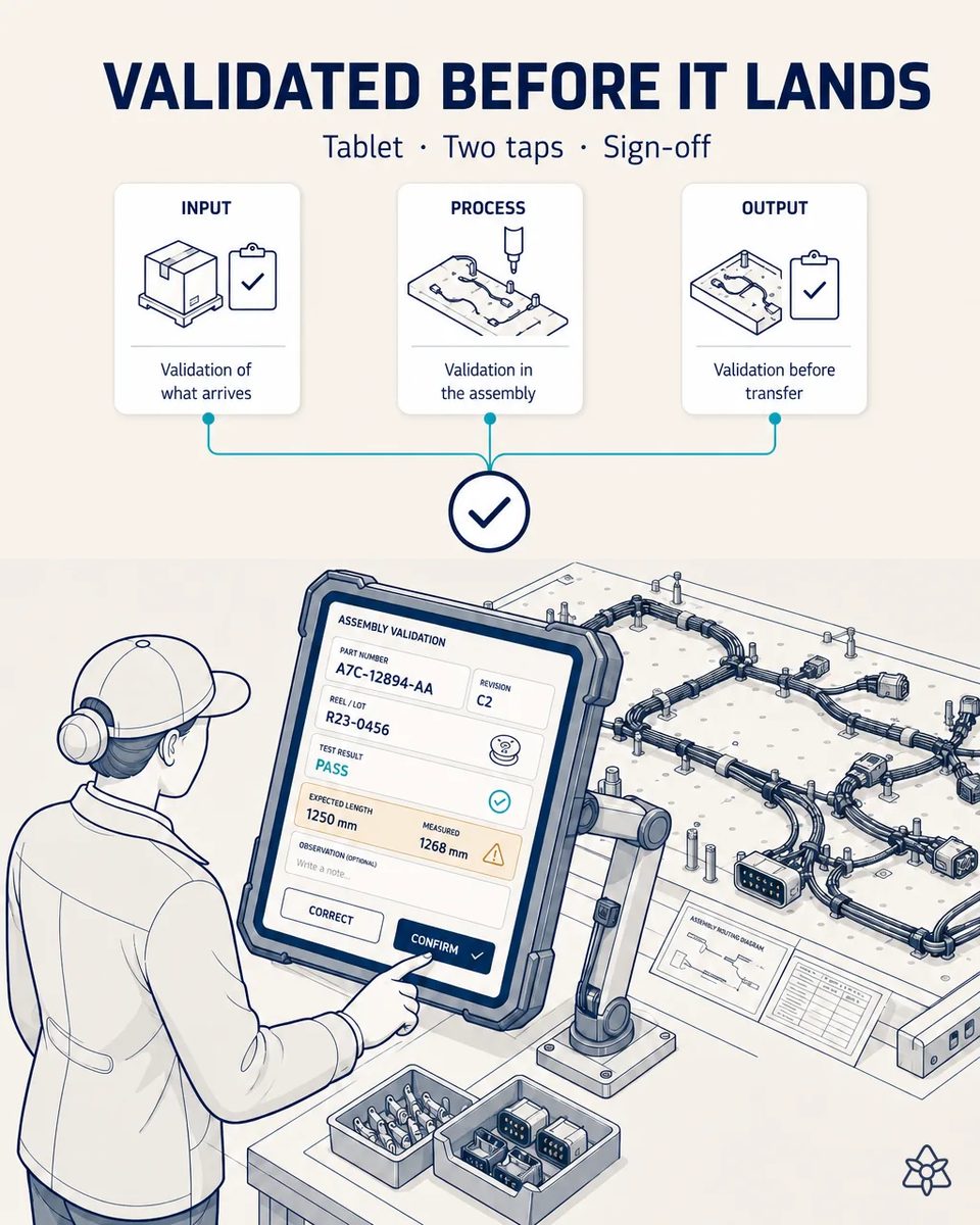 Operator confirming on an industrial tablet at the harness board the captured part number and terminal lot, with the uncertain field highlighted on screen