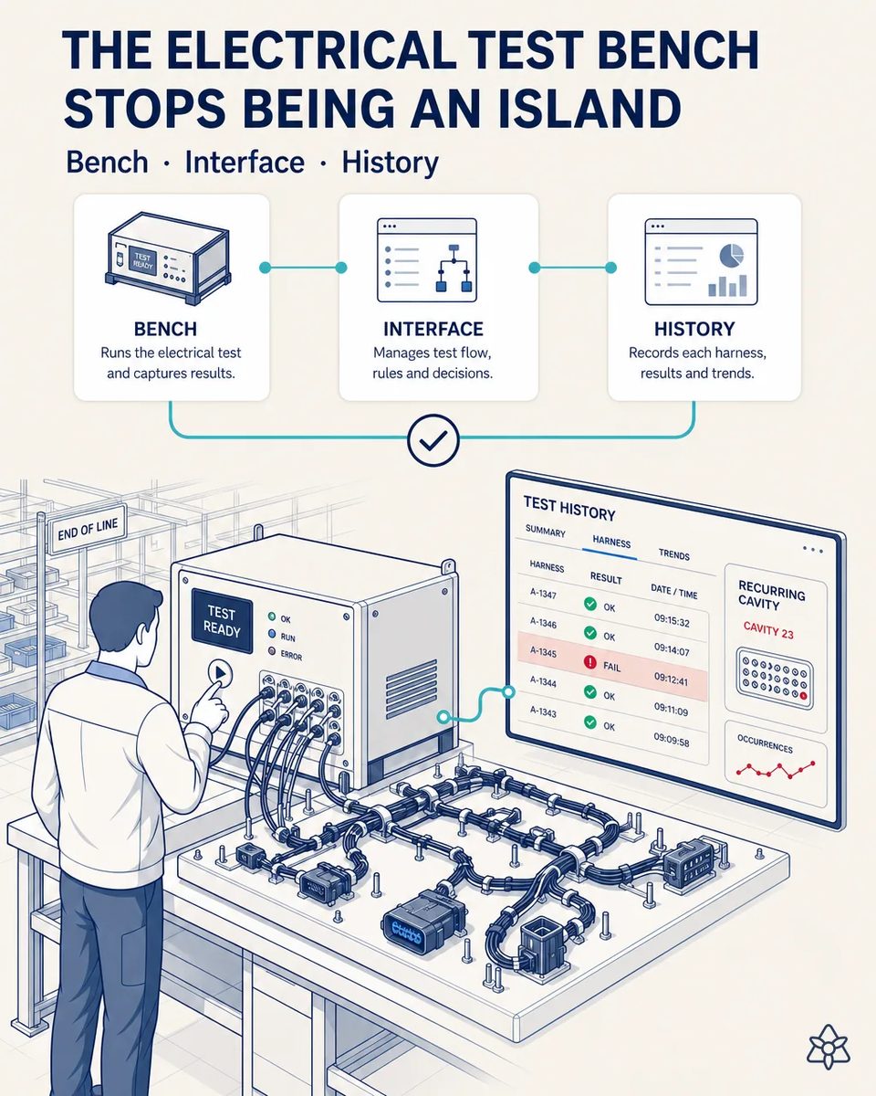 Electrical test bench for harnesses with a harness connected and the results screen, next to the operator launching the test at an automotive plant