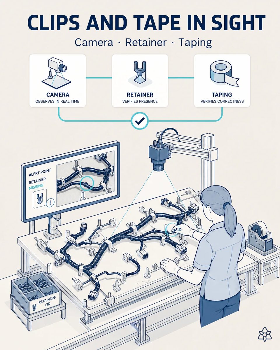 Industrial camera above the final station of a harness board inspecting clips and taping, with the operator reviewing the point marked on screen