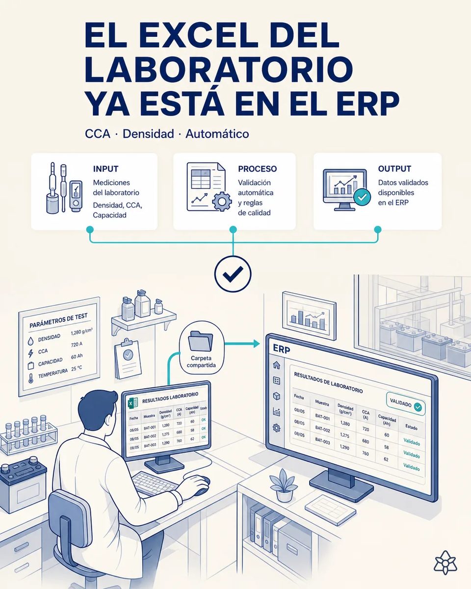 Técnico de laboratorio rellenando un Excel de resultados con densidad, CCA y capacidad de baterías, que pasa desde una carpeta compartida a la pantalla de resultados validados del ERP