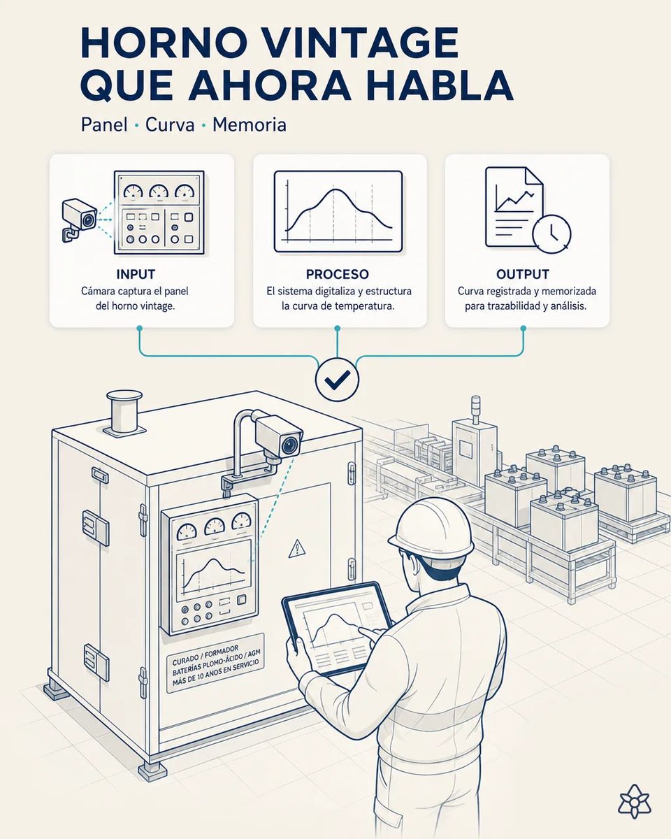 Cámara industrial fija apuntando al panel de un horno de curado y formador de baterías plomo-ácido y AGM con más de diez años, mientras un técnico revisa la curva de temperatura en una tableta